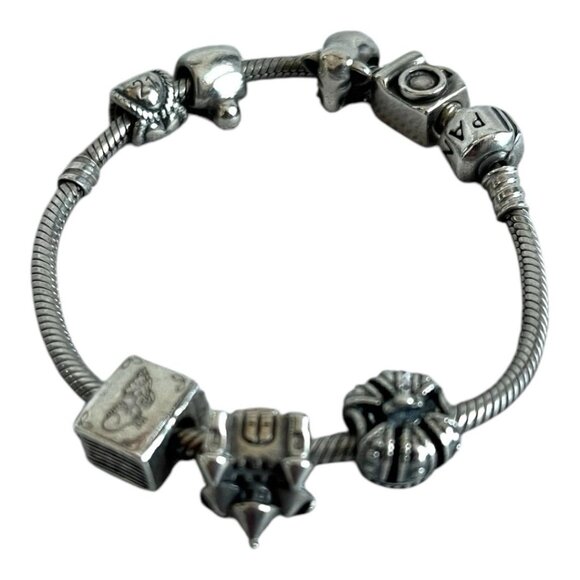 Vintage Pandora Charm Beaded Bracelet 925 Sterling Silver Bracelet w Charms - Picture 4 of 9